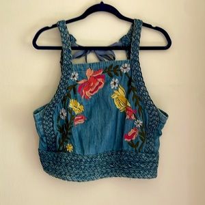 PILCRO Nika Embroidered denim crop top